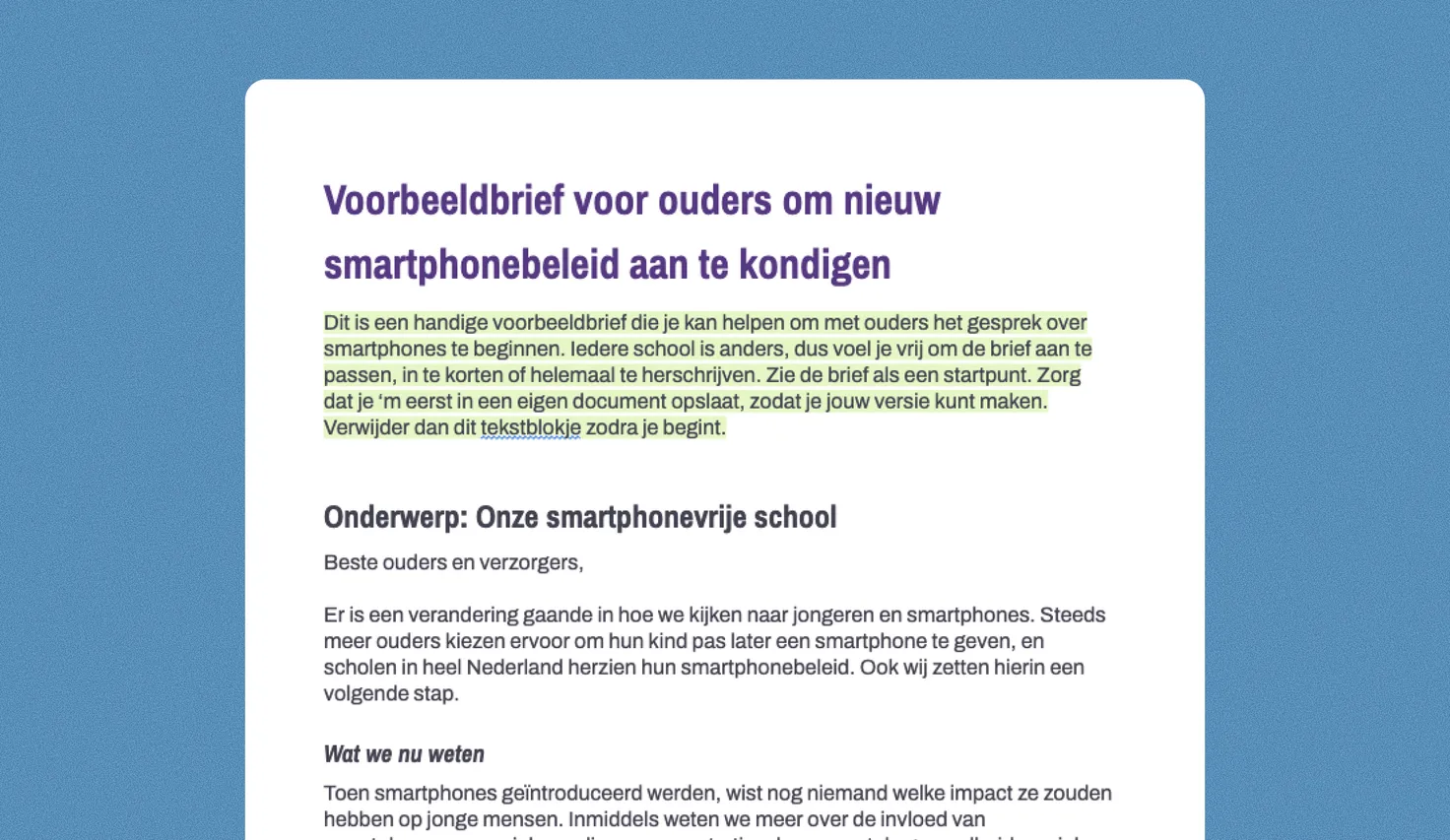 Voorbeeldbrief Middelbare school algemeen
